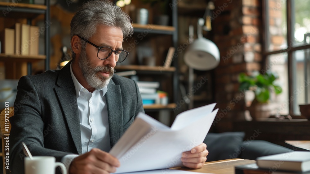 Focused senior businessman reading papers image. Caucasian man with beard at paperwork in office photography scene wallpaper. Corporate laws regulation concept photorealistic photo Focused senior businessman reading papers image. Caucasian man with beard at paperwork in office photography scene wallpaper. Corporate laws regulation concept photorealistic photo