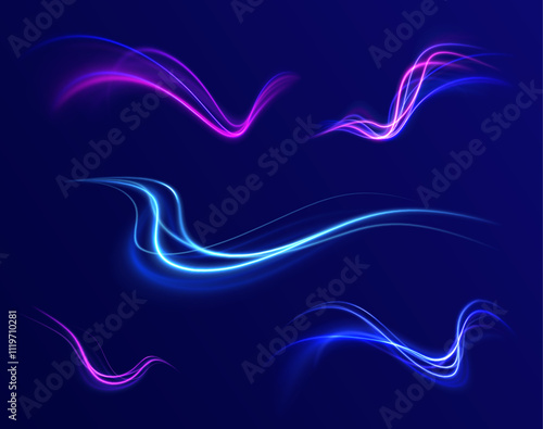Abstract background in blue and purple neon glow colors. Png, lens, light, neon, line, blur, beam, ray. Laser beams luminous abstract sparkling isolated on a transparent background.  