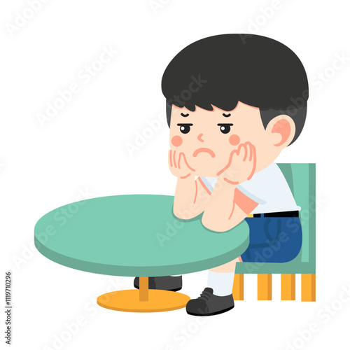 boy sitting at a table with his hand on his chin