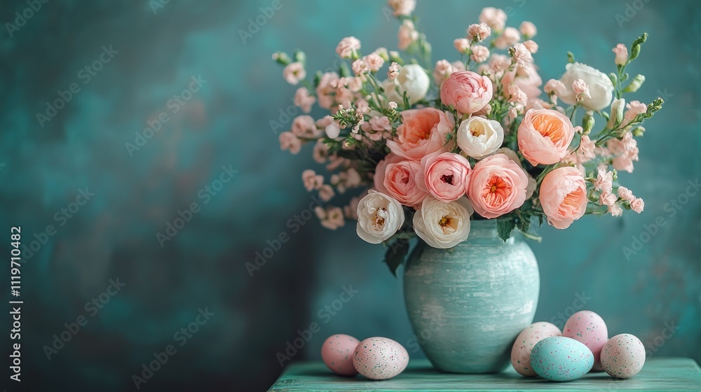 Fototapeta premium pastel floral arrangement in a vase with decorated eggs, evoking spring and celebration.