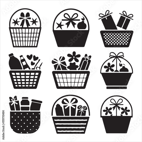 set of vector shopping basket, gift basket silhouette