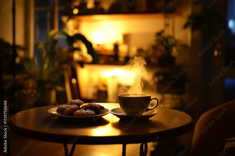 Cozy Evening with Warm Coffee and Baked Goods on a Table in a Dimly Lit Room Surrounded by Plants and Soft Glow of Lights Cozy Evening with Warm Coffee and Baked Goods on a Table in a Dimly Lit Room Surrounded by Plants and Soft Glow of Lights