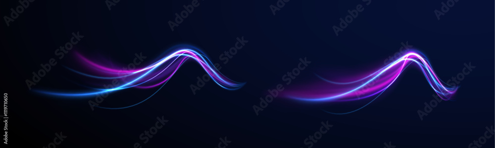 Fototapeta premium Magic bright shine glow of energy lines, shiny swirl power waves flow, electric trail glowing in dark backgrou. Abstract neon light motorway background. Light arc in neon colors, in the form of a turn