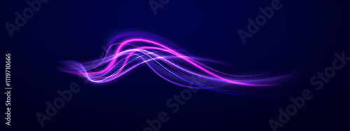 Creative vector illustration of flying cosmic meteor, planetoid, comet, fireball isolated on transparent background. Effect, png, wave,neon,line. Light arc in neon colors, in the form of a turn.  