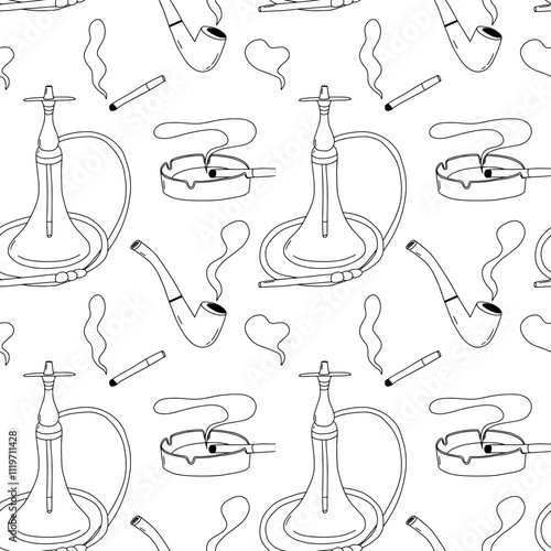 Vector smoking pipe and hookah sketch seamless pattern