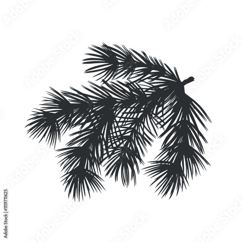 Spruce twig with needles. Pine tree branch. Christmas traditional plant. Vector graphic illustration. Winter holiday background for home interior. Festive clipart for postcard, winow, print, packaging