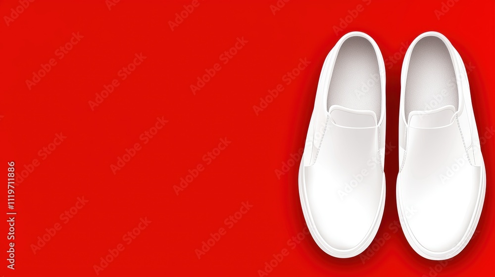 Stylish White Slip-On Shoes on Bold Red Background for Fashion Stylish White Slip-On Shoes on Bold Red Background for Fashion