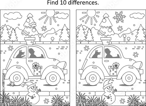 Delivering small and alive christmas tree on top of a car difference game and coloring page. Man driver and his dog friend. Cold winter day. 
