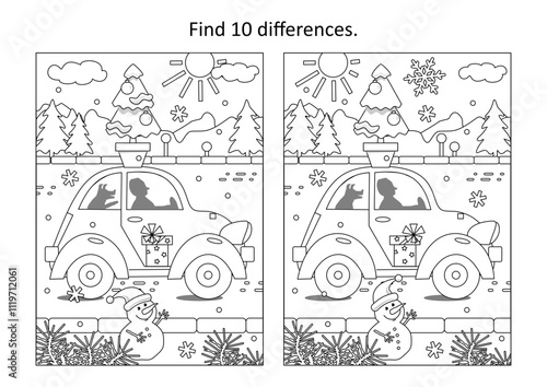 Delivering small and alive christmas tree on top of a car difference game and coloring page. Man driver and his dog friend. Cold winter day. 

