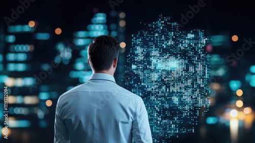 Wallpaper Mural Man observing holographic data visualization at night Torontodigital.ca