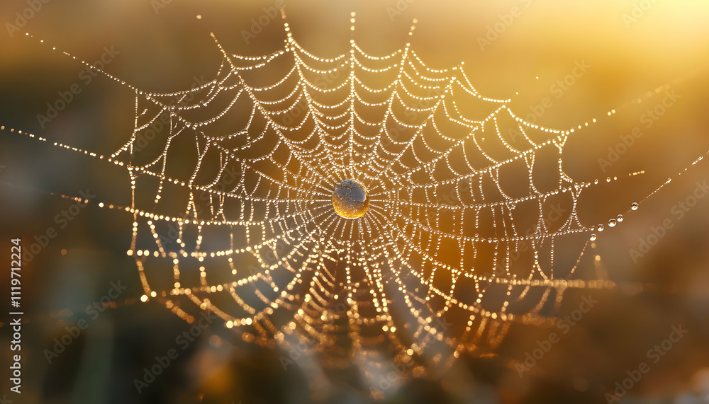 Naklejka premium Dew-covered spiderweb at sunrise, reflecting light.