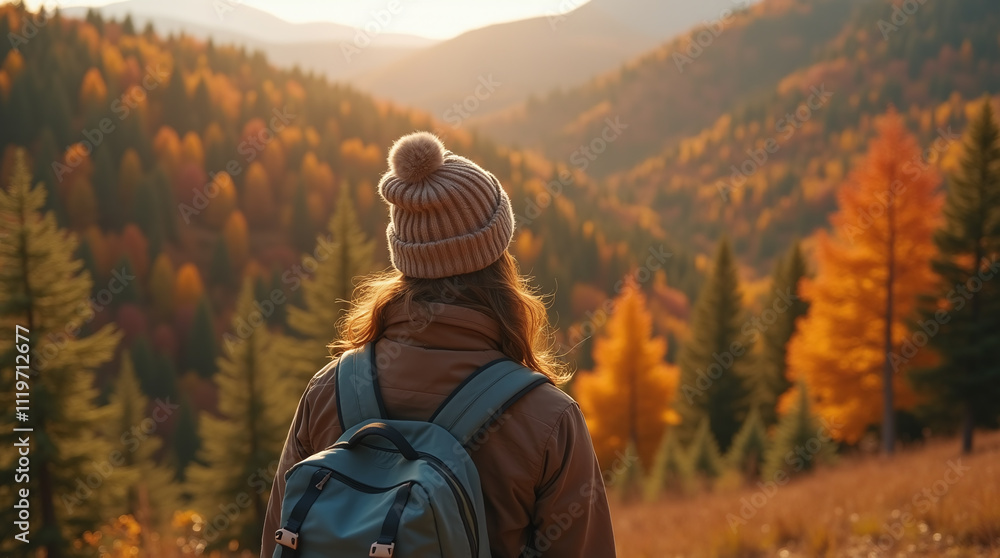 Young Woman Traveling on Adventure in Fall Mountains and Autumn Forest, Hiker Looking at Beautiful Landscape Panorama, View from Back Young Woman Traveling on Adventure in Fall Mountains and Autumn Forest, Hiker Looking at Beautiful Landscape Panorama, View from Back