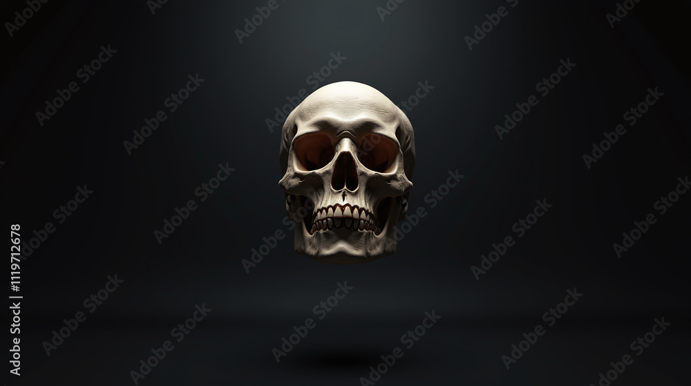 Human Skull Floating and Flying in Air against Clean Black Dark Background, Anatomy, Halloween or Horror Human Skull Floating and Flying in Air against Clean Black Dark Background, Anatomy, Halloween or Horror