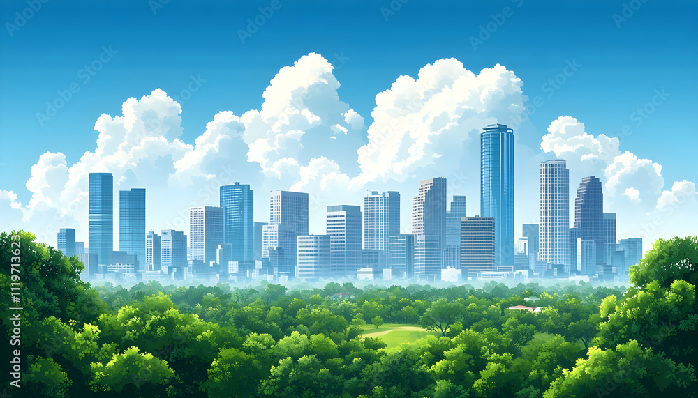 Obraz premium Lush green park with cityscape skyline under a bright sunny sky.