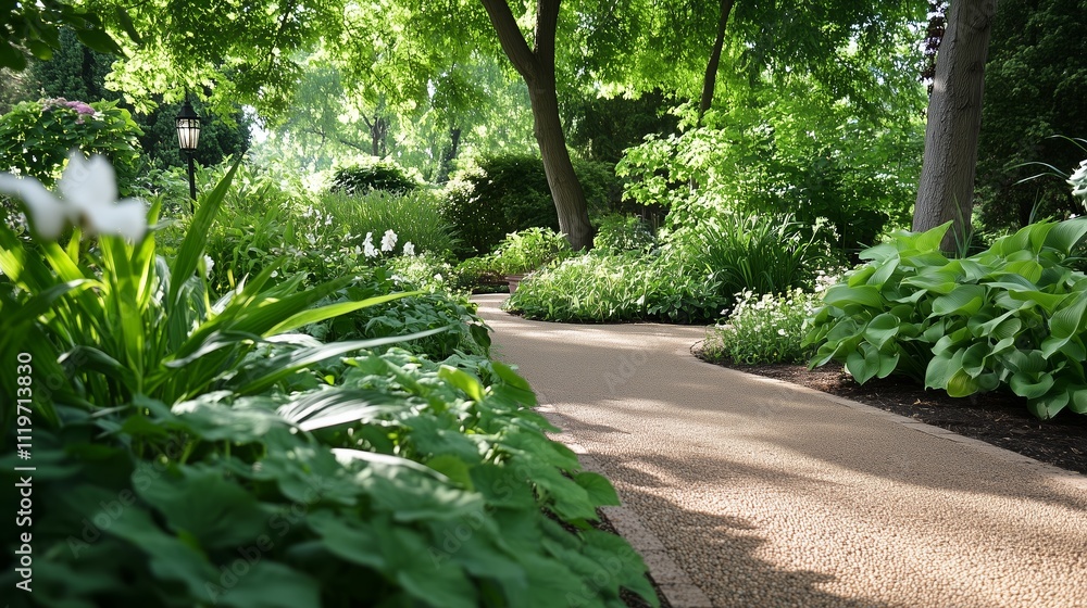 Serene garden pathway surrounded by lush greenery in a tranquil park setting on a sunny day Serene garden pathway surrounded by lush greenery in a tranquil park setting on a sunny day
