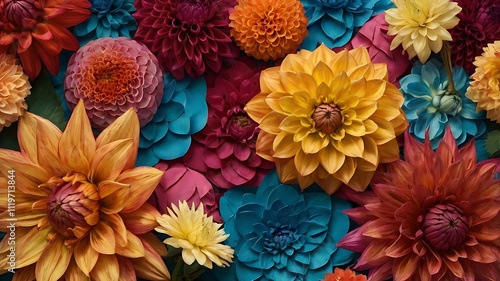 Vibrant Dahlia Blooms In A Colorful Floral Arrangement photo