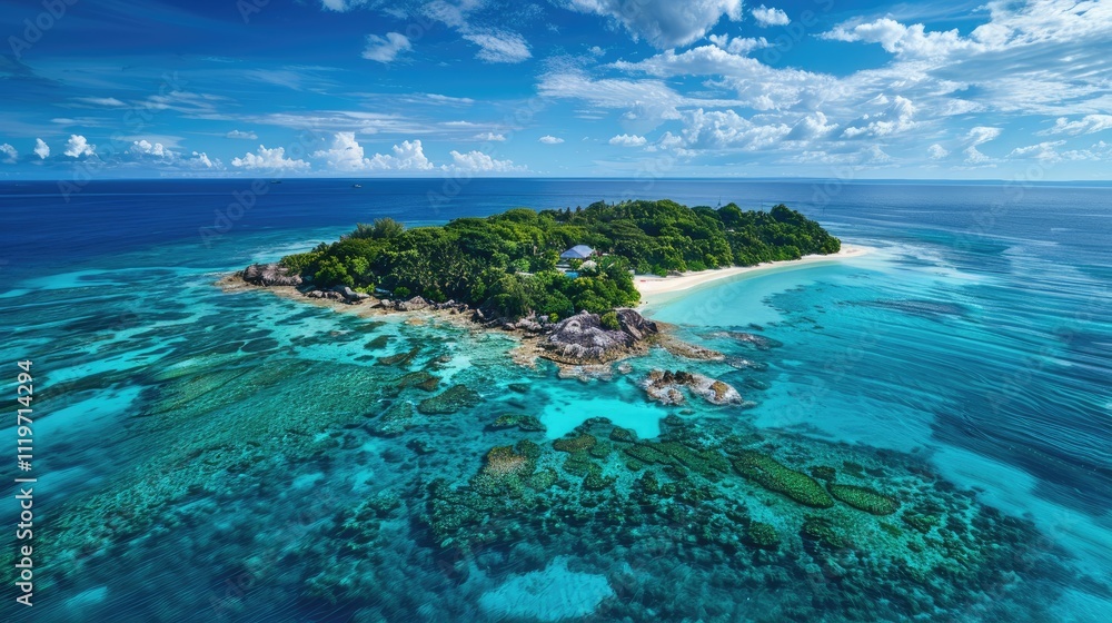 High-end photography of a picturesque island with a white sandy beach and crystal-clear waters High-end photography of a picturesque island with a white sandy beach and crystal-clear waters