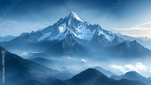 Majestic snow-capped mountain peak with misty valley.