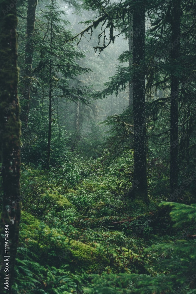 A dense, lush green forest with ancient trees and moss-covered ground, shrouded in mist, creating an otherworldly atmosphere. A dense, lush green forest with ancient trees and moss-covered ground, shrouded in mist, creating an otherworldly atmosphere.