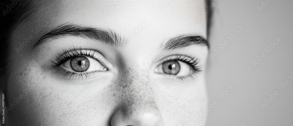 Close-up of a person's eyes and freckles in black and white. Close-up of a person's eyes and freckles in black and white.