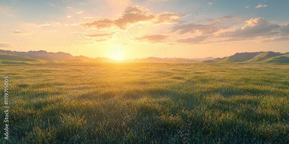 Golden Hour Sunset Over Rolling Hills and Grassland Field