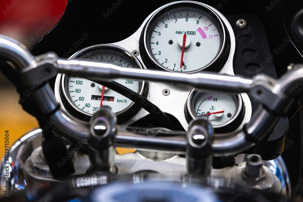 White analog sport bike dashboard, close up White analog sport bike dashboard, close up