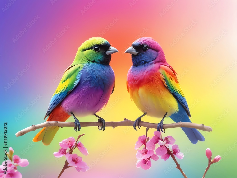 Rainbow Birds on Branch with Blossoms Rainbow Birds on Branch with Blossoms