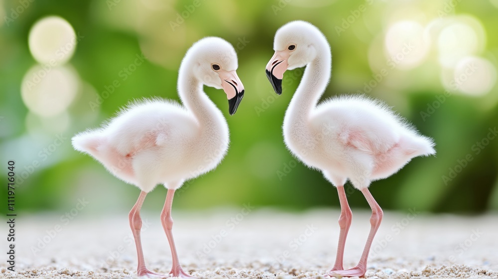 Obraz premium Two baby flamingo chicks with fluffy white feathers against blurred green background. Adorable young birds standing together. Sweet wildlife portrait capturing innocence. 8k