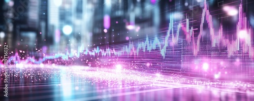 Abstract financial chart with glowing neon stock market graph in futuristic city background. Digital trading visualization with pink and blue data analytics display. 8k banner