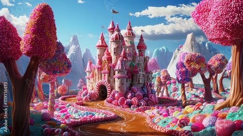Digital art adventure whimsical candy castle in a colorful fantasy landscape