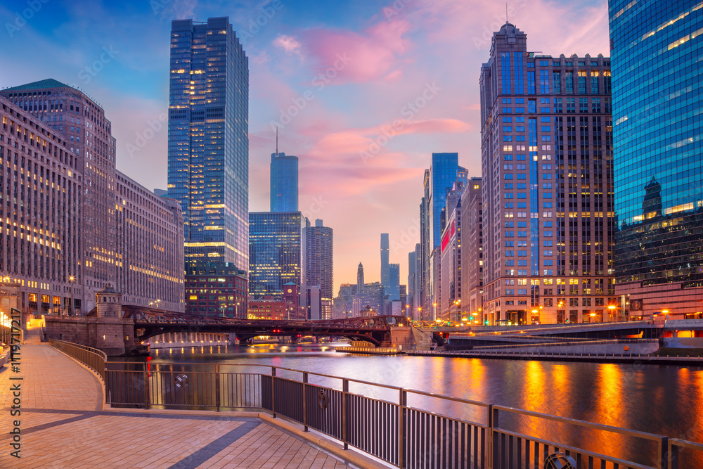 Chicago, Illinois, USA. Cityscape image of Chicago skyline at beautiful spring sunrise.