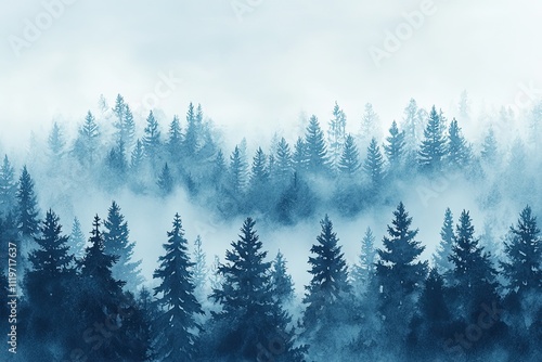 Watercolor Blue landscape of foggy forest hill. Evergreen coniferous trees. Wild nature, frozen, misty, taiga. Horizontal watercolor background