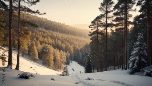 A serene winter landscape featuring snow-covered trees and a soft sunrise illuminating the forest