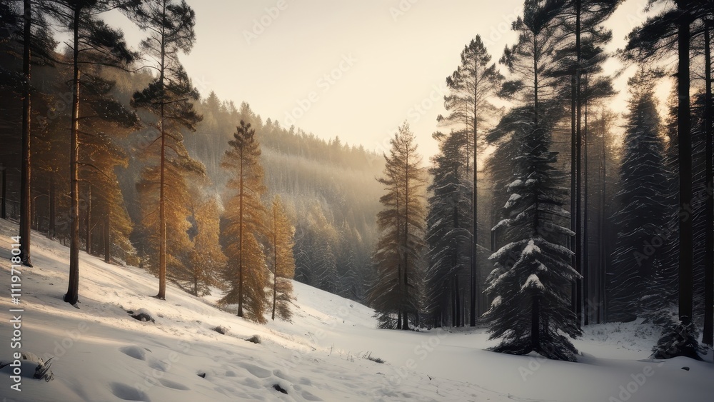 A serene winter landscape featuring snow-covered trees and a soft sunrise illuminating the forest A serene winter landscape featuring snow-covered trees and a soft sunrise illuminating the forest