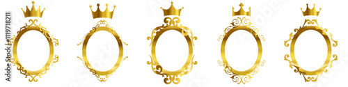 golden Elegant royal swirls with crown, Victorian Scrolls decorative elements, vintage calligraphic lines text dividers, premium luxury crown elements	
