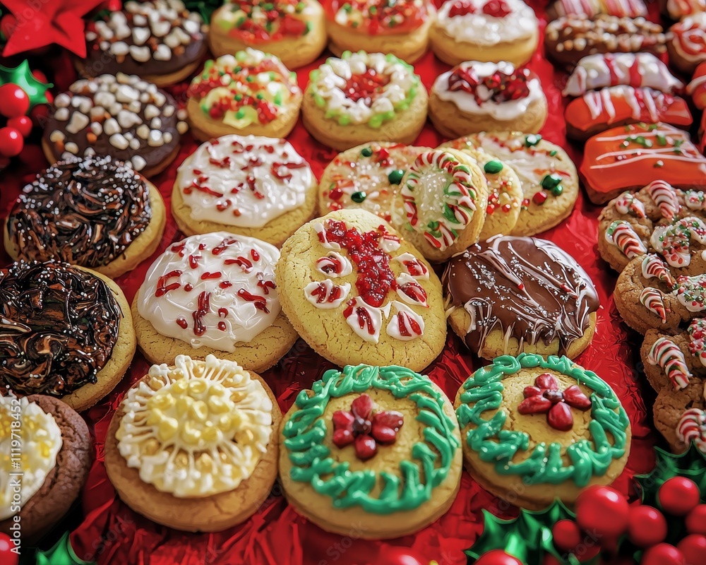 A vibrant display of decorated cookies, featuring various styles and festive colors, perfect for the holiday season. A vibrant display of decorated cookies, featuring various styles and festive colors, perfect for the holiday season.