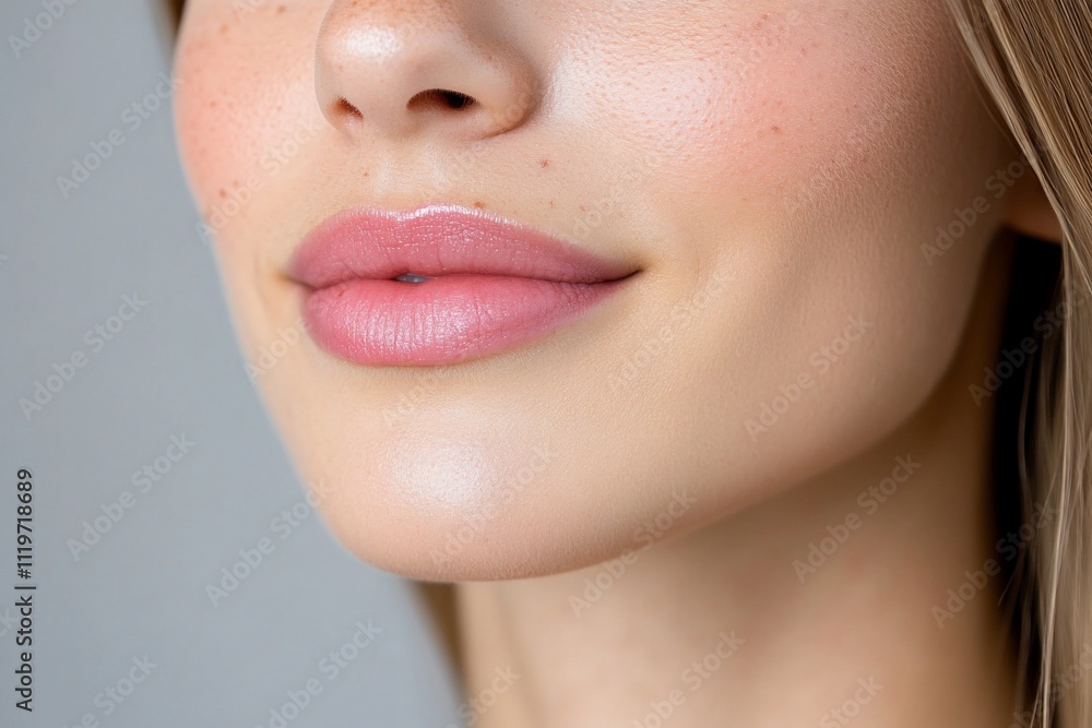 Close-up of woman's lips and chin, soft focus, natural makeup. Close-up of woman's lips and chin, soft focus, natural makeup.