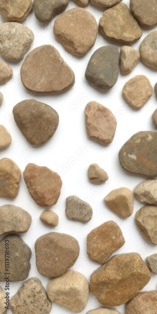 Various rocks and stones of different sizes and textures arranged neatly on a white background, sizes Various rocks and stones of different sizes and textures arranged neatly on a white background, sizes