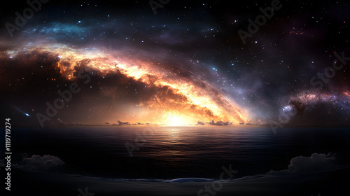 Wallpaper Mural A stunning cosmic scene showcasing a vibrant galaxy's edge reflected in tranquil ocean waters under a starry night sky Torontodigital.ca