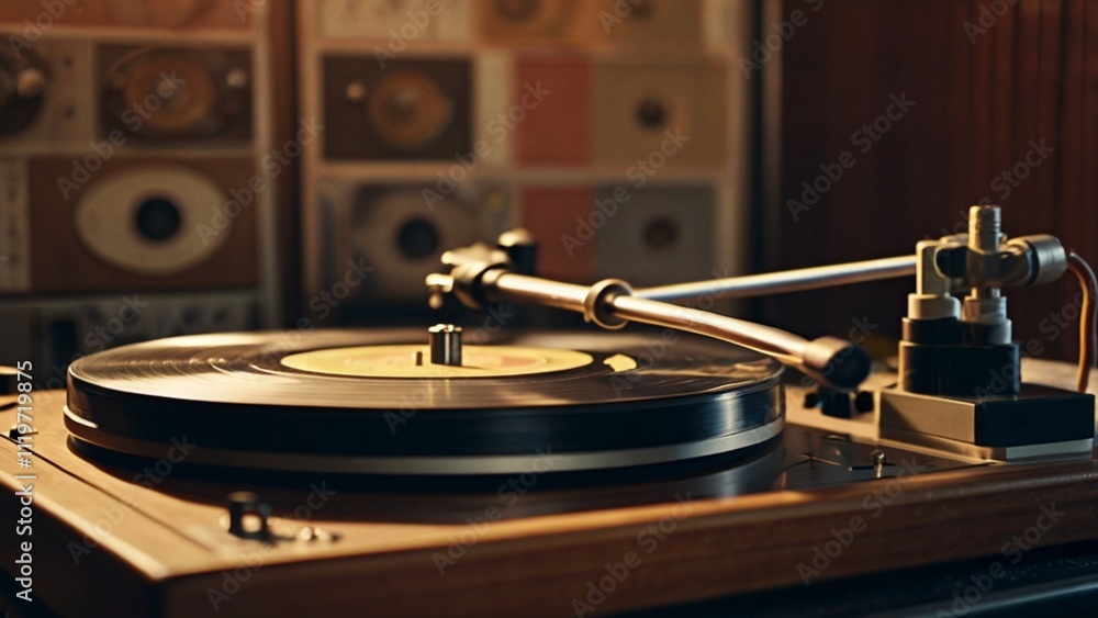 Obraz premium A vinyl record spinning on a classic turntable, surrounded by vintage album covers, creating a music lover’s nostalgic retreat.