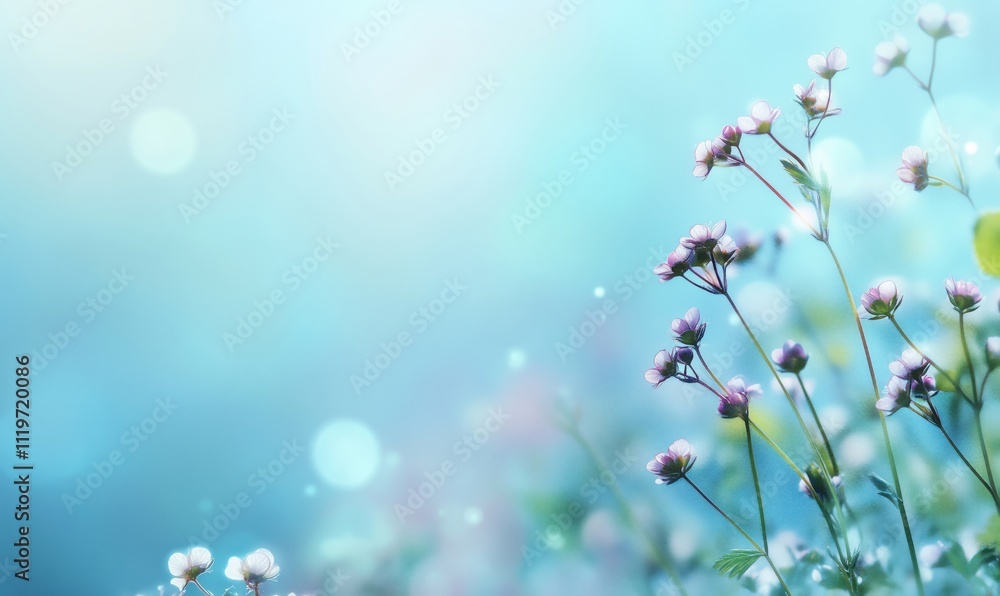 Fototapeta premium Delicate flowers blooming against soft blue background, vibrant petals, gentle bokeh effect, serene atmosphere, nature's beauty