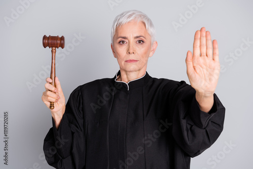 Tableau sur toile Photo of woman judge hold gavel show stop bribe corruption sign isolated grey co