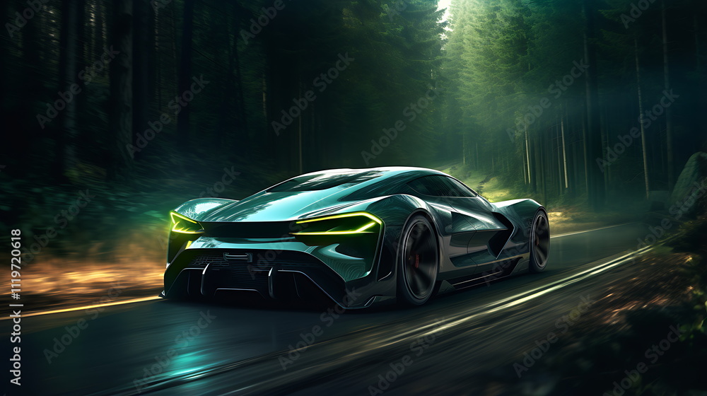 Fototapeta premium a sports car driving on road through the forest