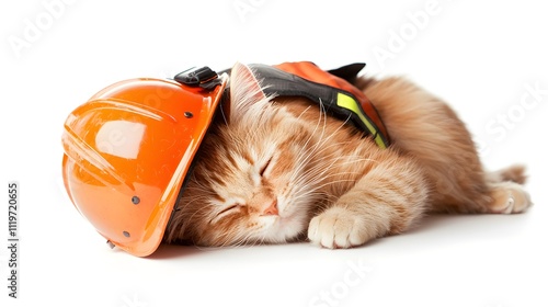 Playful cat in safety gear home animal portrait indoor fun photo