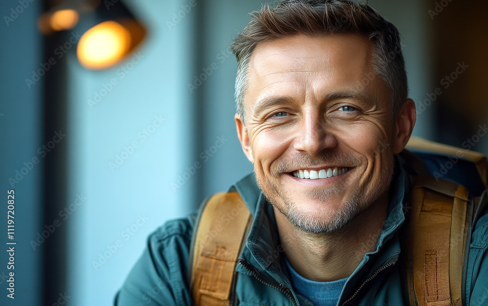 A man with a smile on his face is wearing a pink shirt