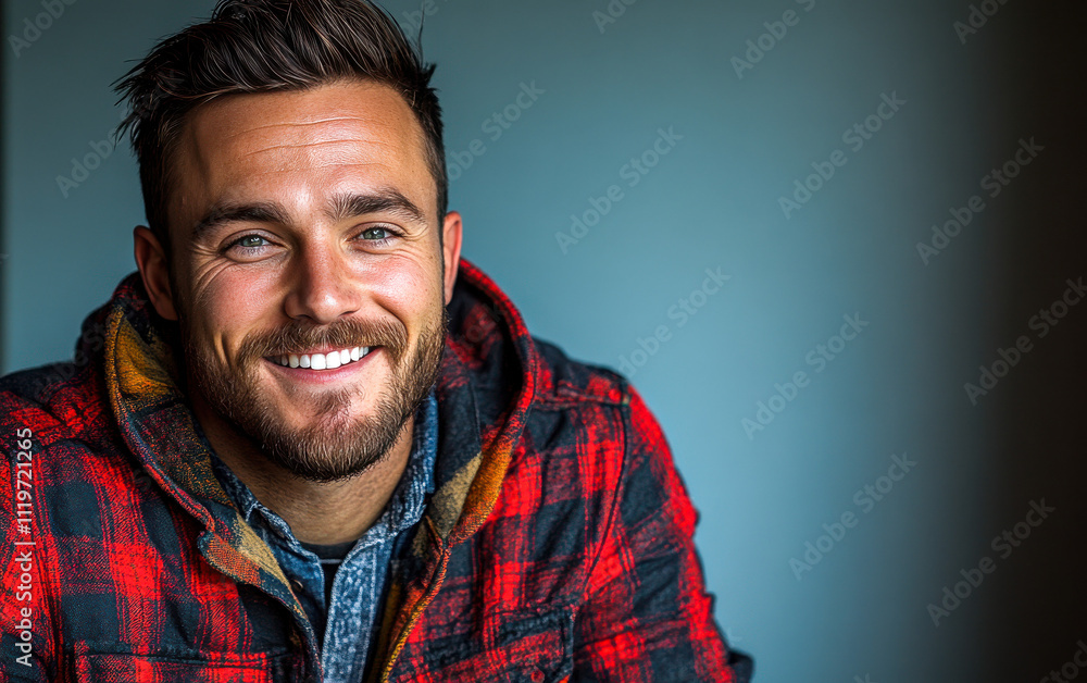 Fototapeta premium A man with a smile on his face is wearing a pink shirt