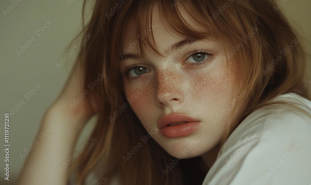 Close-up portrait of a freckled redhead woman. (1) Close-up portrait of a freckled redhead woman. (1)