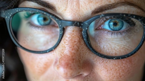 Stylish Woman, Extreme Close Up, Focus on Freckles and Eyes Through Modern Eyeglasses Frames photo