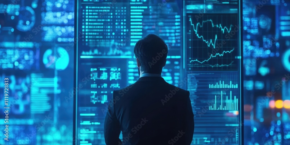 Business Professional Analyzing Data on Digital Display of Stock Market Trends and Financial Graphs in a Modern Office Environment