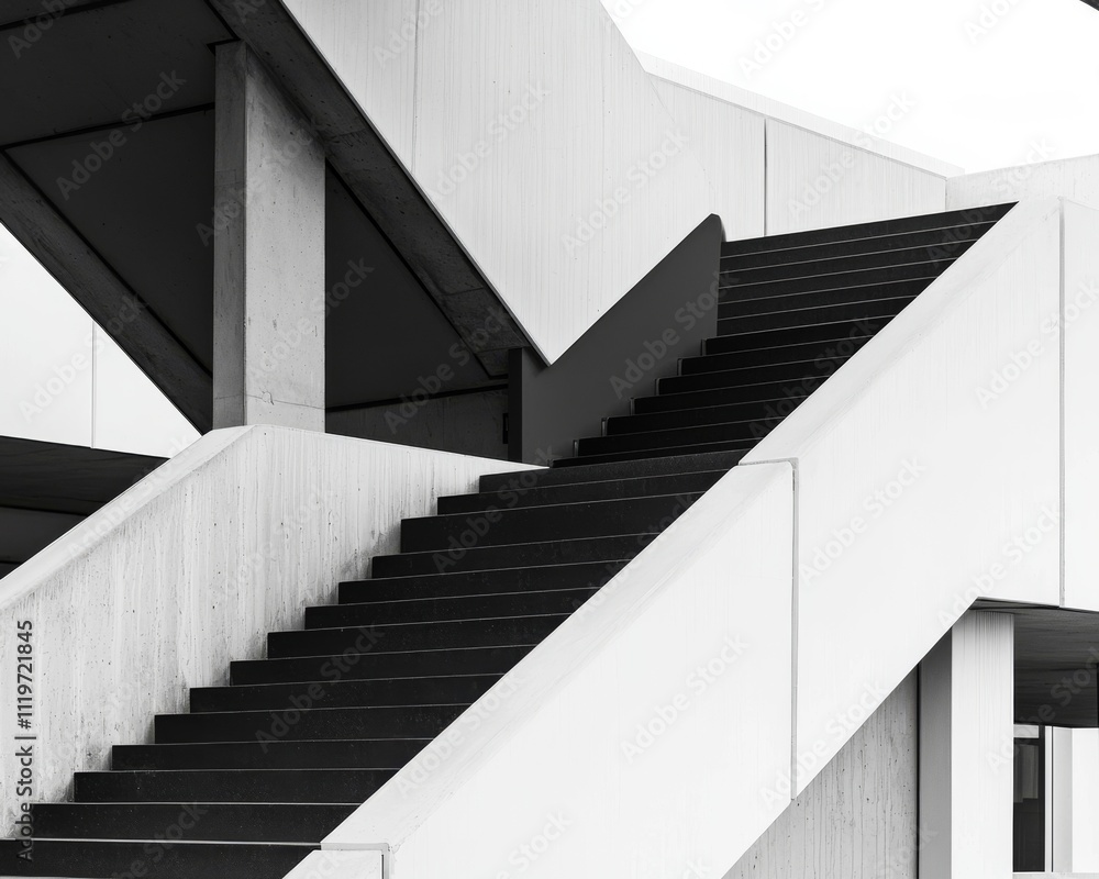 Fototapeta premium A modern architectural staircase with sleek white walls and contrasting dark steps, showcasing minimalist design elements.